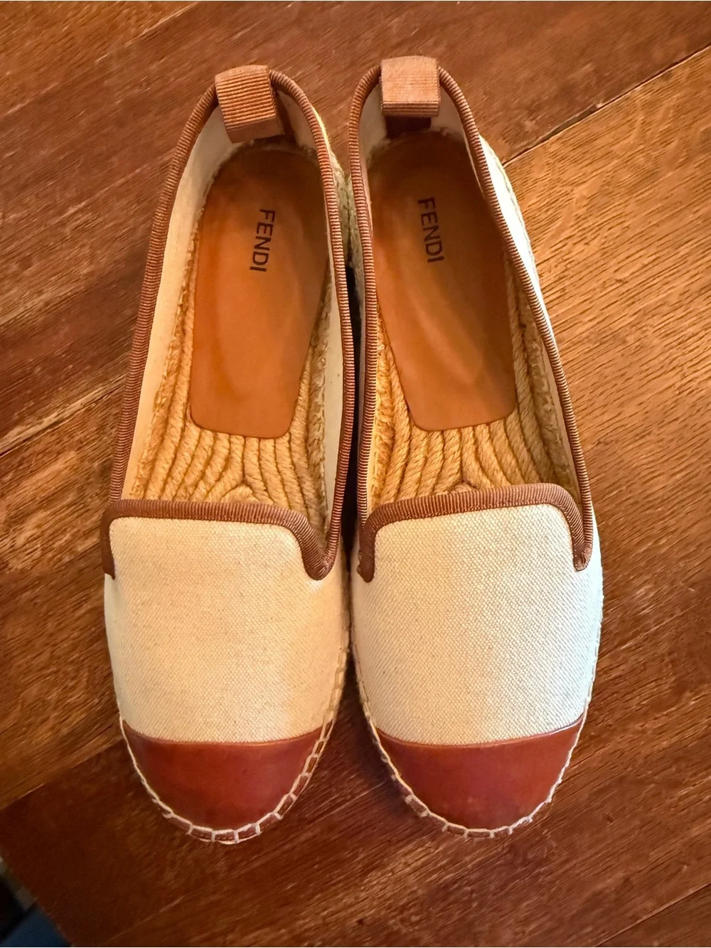Fendi Cream Canvas and Brown Leather-Trim Espadrilles